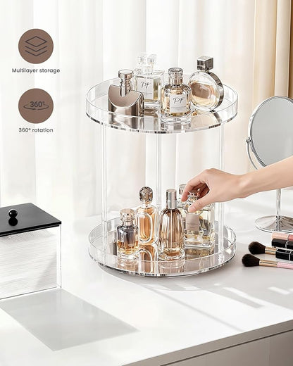 Lolalet 360 Degree Rotating Acrylic Perfume Organizer Stand, 2 Tiers Clear Perfumes Holder Display Rack, Makeup Skincare Organization for Vanity Bathroom Countertop -Large, Clear