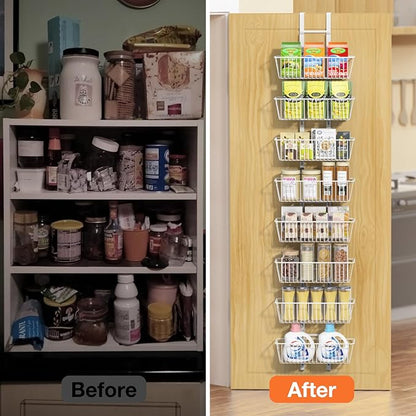 8 Tier Over the Door Pantry Organizer, Over the Door Spice Rack with Adjustable Baskets, Metal Hanging Door Pantry Organizers and Storage for Kitchen Bathroom Bedroom, White