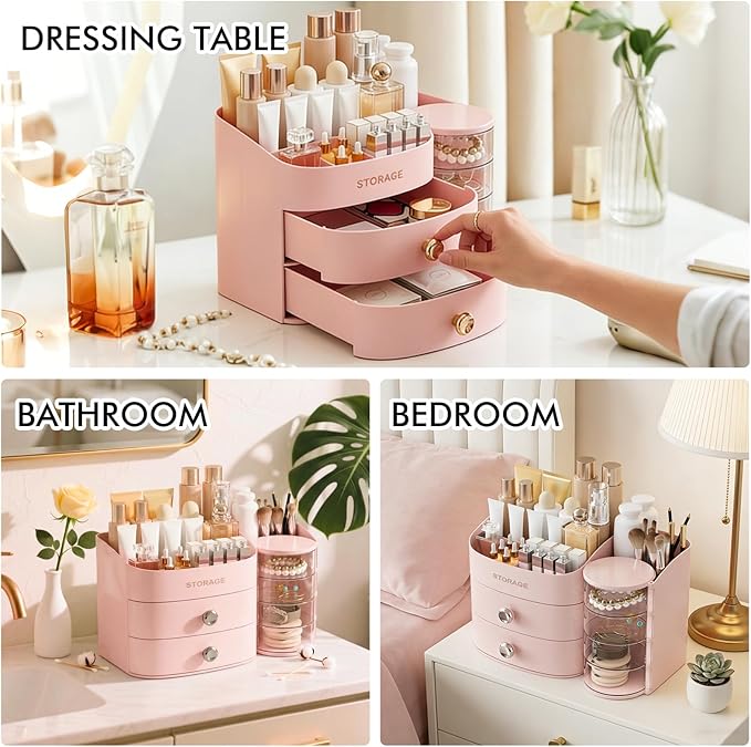 Makeup Organizer Countertop with Drawers, Make up Organizers for Vanity, Skincare Jewelry Earring Organizers, Cosmetic Display Cases Makeup Storage for Bedroom & Bathroom, Ideal Gifts for Women(Pink)