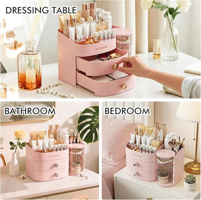 Makeup Organizer Countertop with Drawers, Make up Organizers for Vanity, Skincare Jewelry Earring Organizers, Cosmetic Display Cases Makeup Storage for Bedroom & Bathroom, Ideal Gifts for Women(Pink)