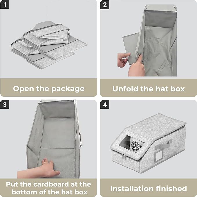 2 Pack Hat Organizer Box for Women & Men, Foldable Storage Box with Clear Lid for Baseball, Cowboy Caps, Stackable Clear Hat Organizer, Store up to 28 Caps, Grey