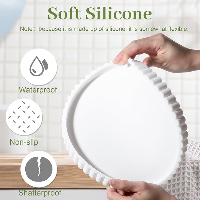 Round Bathroom Tray Silicone Kitchen Counter Decor Vanity Organizer Decorative Coffee Table Tray for Perfume, Candle, Soap Dish, 9 Inch, White