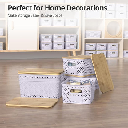 Plastic Storage Bins with Bamboo Lids, Stackable Small Box Baskets for Organizing and Containers for Shelves Drawers Desktop Closet Pantry Classroom Office Home, 6 Pack 10.2"x7.2"x4.1" Lavender