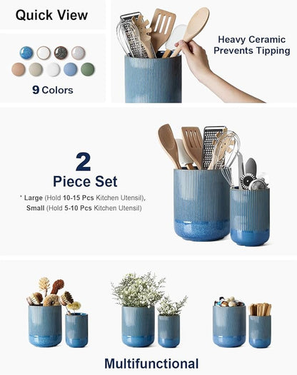 LE TAUCI Utensil Holder for Kitchen Counter, 7.3"+5.4" Fluted Ceramic Utensil Crock Organizer for Countertop, Heavy Large Holder for Spatulas, Spoons, Set of 2, Blue Marble