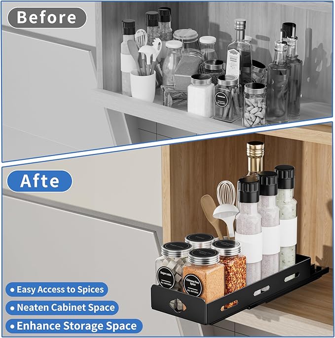BOIVSHI Pull Out Spice Rack Organizer for Cabinet, Heavy Duty Spice Organizer for Cabinet, Vertical Spice Rack for Kitchen, Cabinet, Pantry, Cupboard (4.2''Wx10.5''Dx2.8''H, Metal Black)