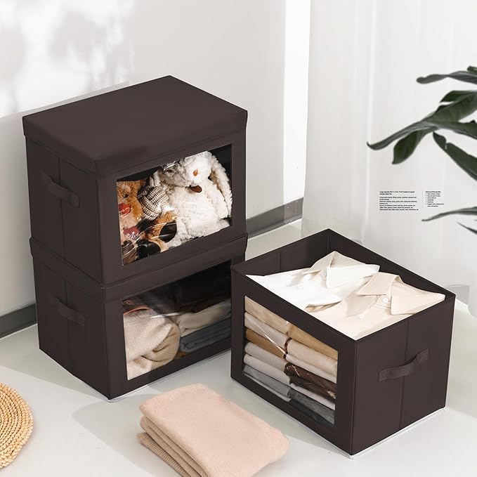 Homsorout Stackable Storage Bins with Lids - Large Storage Box with Lids, Foldable Closet Boxes for Organizing, Wardrobe Clothes Organizer with Window, Cubes Bins for Living Room, 4 Pack, Brown