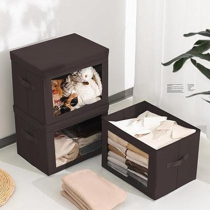 Homsorout Stackable Storage Bins with Lids - Large Storage Box with Lids, Foldable Closet Boxes for Organizing, Wardrobe Clothes Organizer with Window, Cubes Bins for Living Room, 4 Pack, Brown