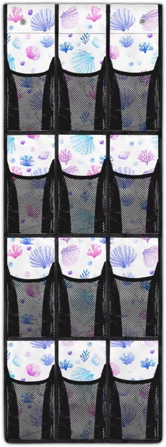 12-Pocket Space Saving Door Organizer, Over the Door Hanging Storage Bag for Shoes Toys and Essentials for Bedroom, Closet or College Dorm, Seashell Coral