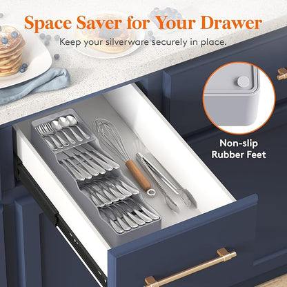 Lifewit Compact Flatware Drawer Organizer, Narrow Silverware Tray for Kitchen Drawers, Plastic Cutlery Holder for Spoons, Forks and Knives, Utensils Storage Organization, 2 Pack, Gray