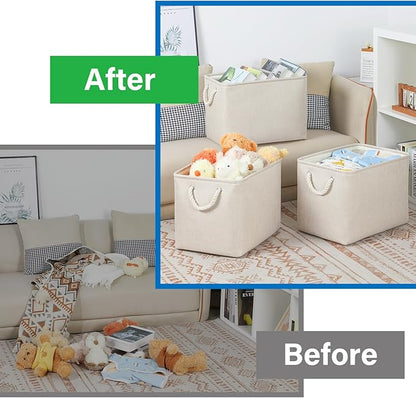 Bidtakay Large Storage Baskets for Shelves 3 Pack Fabric Storage Bins for Organizing Linen Collapsible Organizer for Closet-Light Biege