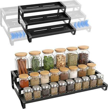 SANKEU Expandable Spice Rack Organizer for Cabinet 3 Tiered Metal Seasoning Organization with Guardrails Spice Shelf Storage for Jars Adjustable Length 13"-21" Black 1Pack