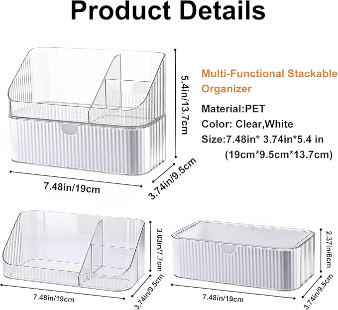 DASITON Makeup Organizer with Drawers, 2 Tier Stackable Organizer for Cosmetics, Skincare, Lipsticks, Makeup Brush, Acrylic Small Makeup Organizers for Vanity Bathroom Countertop Desk Storage (White)