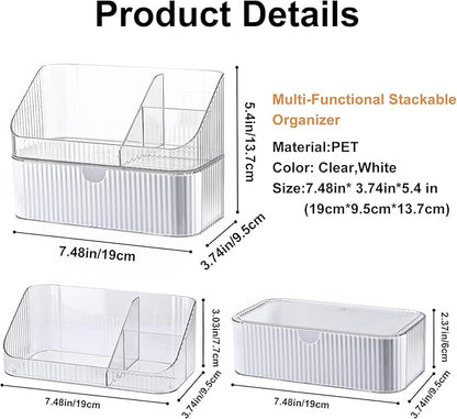 DASITON Makeup Organizer with Drawers, 2 Tier Stackable Organizer for Cosmetics, Skincare, Lipsticks, Makeup Brush, Acrylic Small Makeup Organizers for Vanity Bathroom Countertop Desk Storage (White)