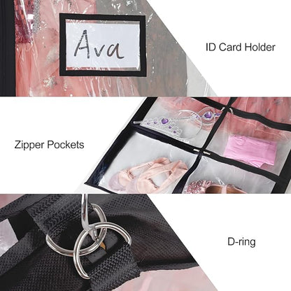 Univivi Clear Garment Bags for Dance Costumes, 40 Inch Dance Costume Garment Bags for Dancers, with 4 Medium Clear Zipper Pockets and 1 Large Back Zippered Pocket (Black, 2 Pack)
