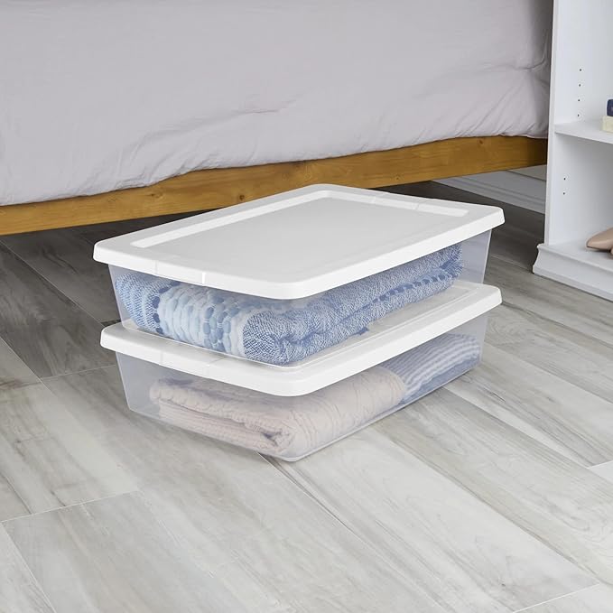 Small Storage Bin, 28 Quart Clear Plastic Storage Container with Snap-On Lid, White