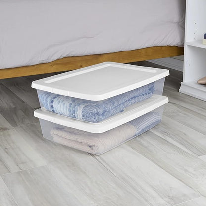 Small Storage Bin, 28 Quart Clear Plastic Storage Container with Snap-On Lid, White