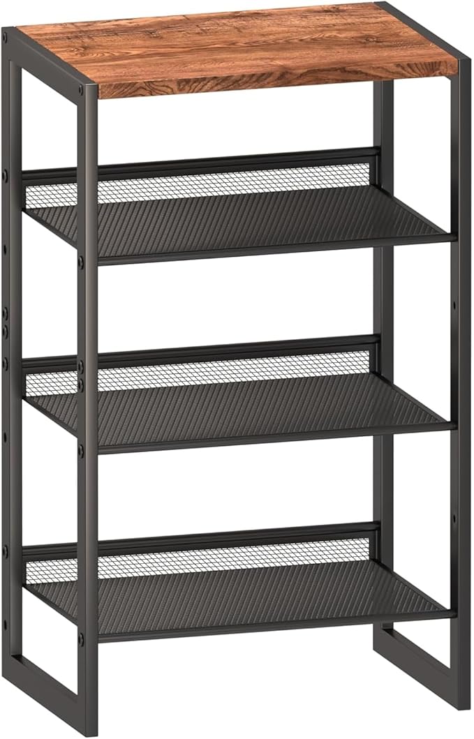 4 Tier Metal Shoe Rack, Sturdy Steel Frame with Rust-Proof Coating, MDF Top, Adjustable Flat Inclined Mesh Shelves, Anti-Tip Scratch-Resistant Feet, Sleek Show Rack for Entryway, Hallway, Garage
