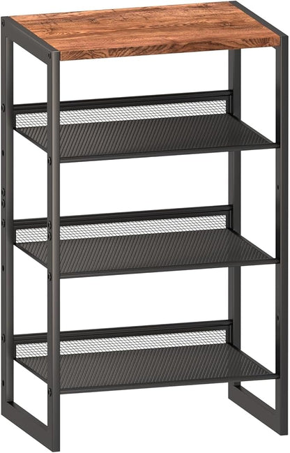 4 Tier Metal Shoe Rack, Sturdy Steel Frame with Rust-Proof Coating, MDF Top, Adjustable Flat Inclined Mesh Shelves, Anti-Tip Scratch-Resistant Feet, Sleek Show Rack for Entryway, Hallway, Garage