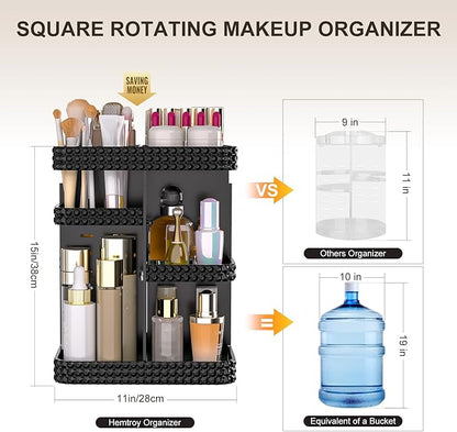 Rotating Makeup Organizer with Makeup Brush Holder,Large Capacity Perfume Organizer for Vanity Countertop,Acrylic Skincare Organizers Spinning Holder Storage Rack (Black)