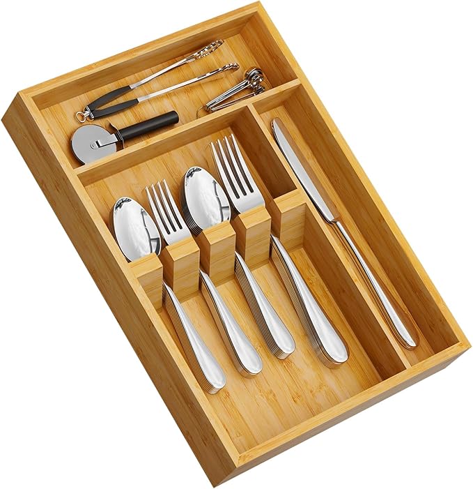 Yofidra Bamboo Silverware Organizer, 13.8 x 9.84 x 1.96 Inches Kitchen Utensil Drawer Organizer, Silverware Tray for Drawer with Fixed Slots for Spoons, Forks & Knives, Natural