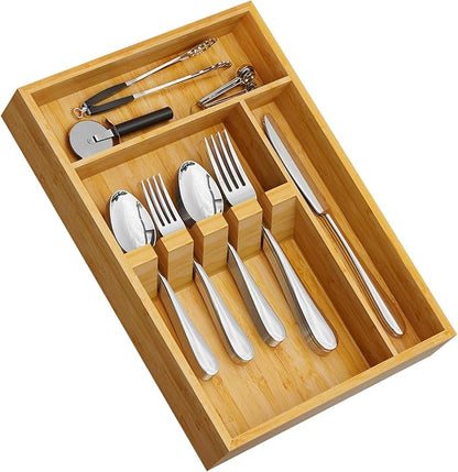 Yofidra Bamboo Silverware Organizer, 13.8 x 9.84 x 1.96 Inches Kitchen Utensil Drawer Organizer, Silverware Tray for Drawer with Fixed Slots for Spoons, Forks & Knives, Natural