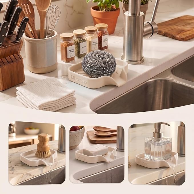 MicoYang Silicone Bathroom Soap Dishes with Drain Spout-Bathroom and Kitchen Sink Organizer,Sponge Holder,Dish Soap Tray,Perfect for Dispenser,Scrubber,Bottle,Cup on Sink or Counter-Tapioca 4.9"×3.2"