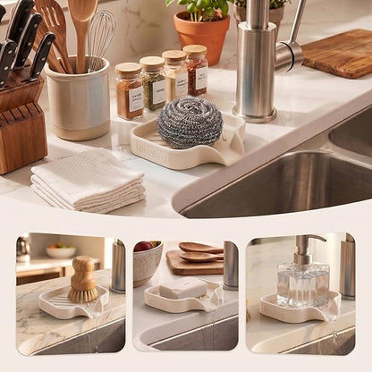 MicoYang Silicone Bathroom Soap Dishes with Drain Spout-Bathroom and Kitchen Sink Organizer,Sponge Holder,Dish Soap Tray,Perfect for Dispenser,Scrubber,Bottle,Cup on Sink or Counter-Tapioca 4.9"×3.2"