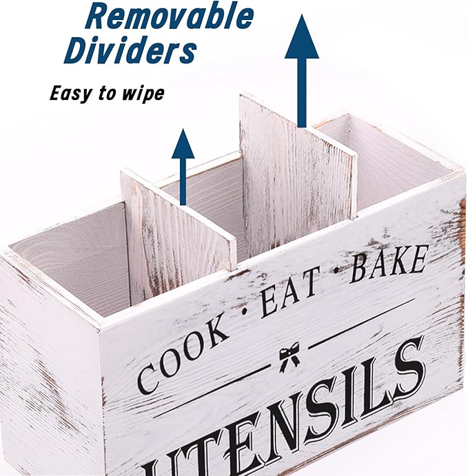 Kitchen Utensil Holder for Counter or Countertop, Extra Large Wood Organizer with 3 Compartments, Wooden Storage for Cooking and Silverware, Rustic Minimalist Decor, Sturdy Utensil Crock-White