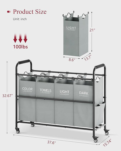 Tajsoon 4 Bag Laundry Sorter Cart, 4 Section Laundry Hamper Sorter with Heavy Duty Lockable Rolling Wheels, Laundry Separator Hamper with Removable Bags for Dirty Clothes Storage, Grey