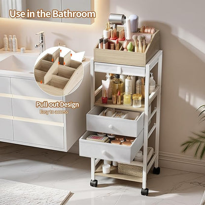 Luxspire Makeup Organizer Cart, Floor Skincare Organizers, Makeup Storage with Drawers, Vanity Organizer Cosmetics Display Cases Holder for Skin Care, Perfume, Makeup Brush, Hair Tool, Wood & White
