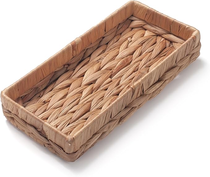 Woven Bathroom Vanity Tray for Storage Water Hyacinth Back of Toilet Basket Long Narrow Guest Towel Holder (Natural 10.2 x 4.9 x 1.8 inch)