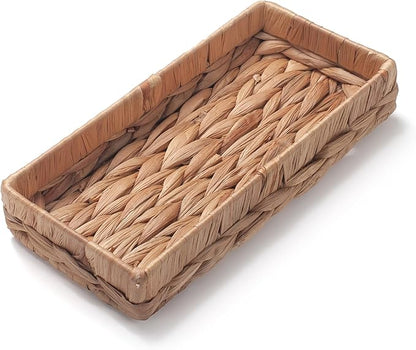 Woven Bathroom Vanity Tray for Storage Water Hyacinth Back of Toilet Basket Long Narrow Guest Towel Holder (Natural 10.2 x 4.9 x 1.8 inch)