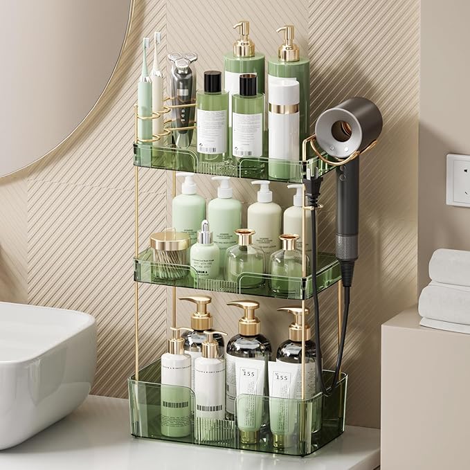 Bathroom Counter Organizer for Vanity, Makeup Organizer Countertop with Holder, Large Capacity Storage Rack, Perfect Large Skincare, Hair Care, Perfume, Easy to Install (Green, 3Tiers)