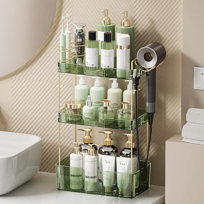 Bathroom Counter Organizer for Vanity, Makeup Organizer Countertop with Holder, Large Capacity Storage Rack, Perfect Large Skincare, Hair Care, Perfume, Easy to Install (Green, 3Tiers)