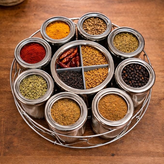 12 in 1 Stainless Steel Masala Box with Stand | Kitchen Masala Dabba | Steel Spice Box with 8 Containers & 4-Section Center | 22 cm Diameter