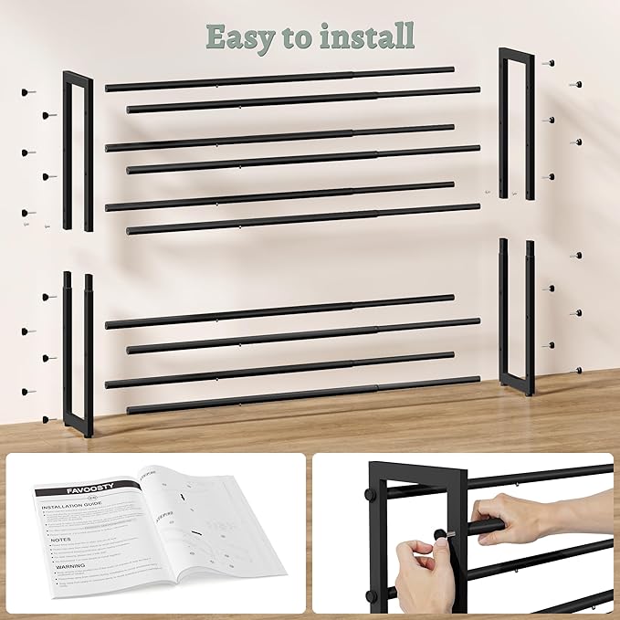 FAVOOSTY 5-Tier Expandable Shoe Rack, Adjustable Shoe Shelf Storage Organizer Space Saving Metal Free Standing Shoe Rack for Entryway Closet Doorway, Silver Grey (Black, 5 Tier)