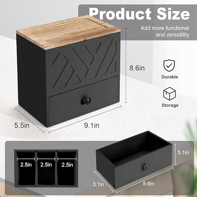 Tampon Holder for Bathroom, Feminine Product Organizer with Lid and Drawer, Wooden Shark Week Pad Storage, Tampon Organizer for Toilet Tank Countertop Decor, Girl Stuff Box Toilet Bathroom Accessories