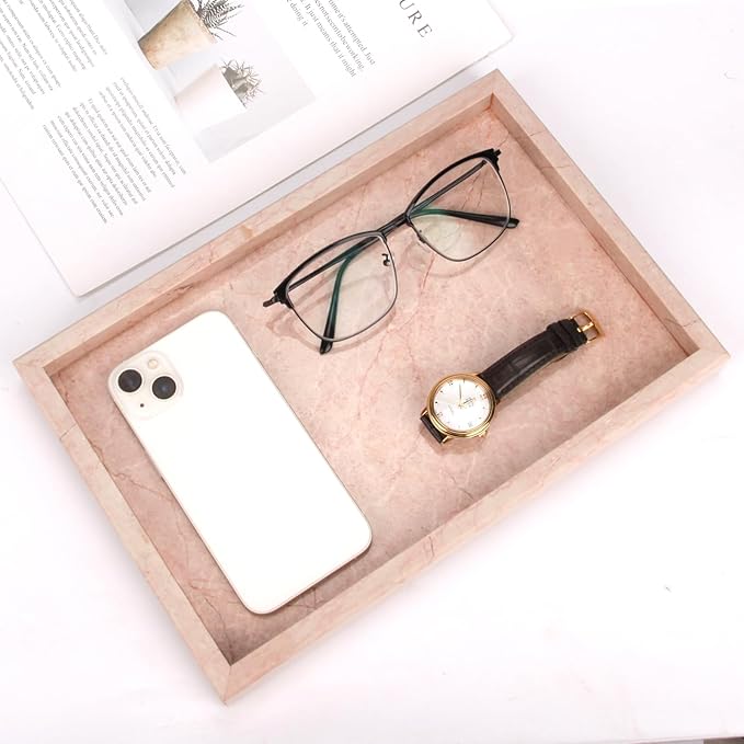Marble Bathroom Vanity Tray, Natural Luxury Vanity Home Kitchen Bathroom Table Tray, Stone Decorative Countertop Dresser Trays for Key Coffee Perfume Jewelry Makeup (Pink/Cream Rose, 12"x 8" x1.2")