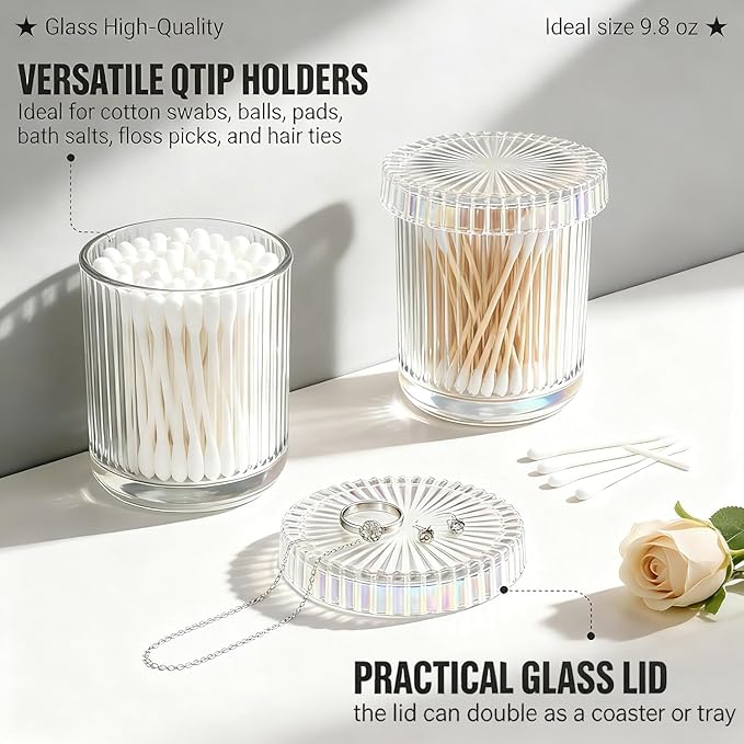 2 Pack Glass Qtip Holder Dispenser Set - Bathroom Organizer for Cotton Swabs, Balls, Pads, Floss Picks - Clear Apothecary Jars for Vanity, Makeup Storage, Bathroom Accessories Decor (Iridescent)