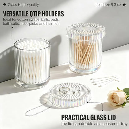 2 Pack Glass Qtip Holder Dispenser Set - Bathroom Organizer for Cotton Swabs, Balls, Pads, Floss Picks - Clear Apothecary Jars for Vanity, Makeup Storage, Bathroom Accessories Decor (Iridescent)