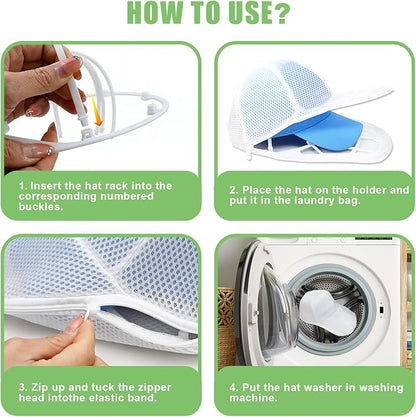 Upgraded Hat Washer with Mesh Laundry Bags, 2-in-1 Baseball Cap Cleaner & Shaper for Washing Machine & Dishwasher, Reusable Cap Protector for Adult & Kids (White - 2 Pack)