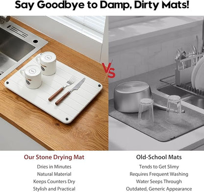 Razborci Stone Dish Drying Mat for Kitchen Counter, Water Absorbing Bathroom Tray Sink Organizer, Diatomaceous Earth Countertop Dish Rack Riser Sponge Holder Soap Dish, White, 16" x 12"