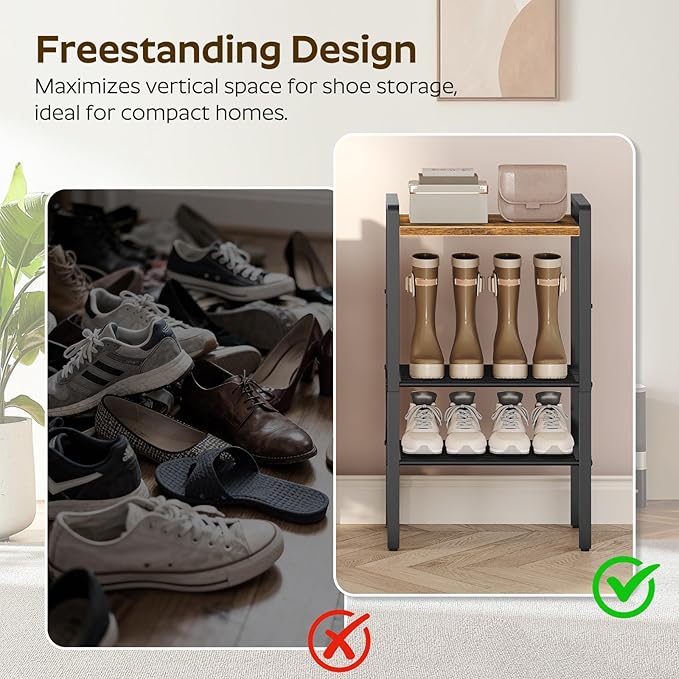 YATINEY 4-Tier Narrow Shoe Rack, Tall Shoe Rack for 4-8 Pairs, Slim Shoe Storage Organizer with Wooden Top, Space Saving, Metal Frame, for Entryway, Rustic Brown and Black SS64BR