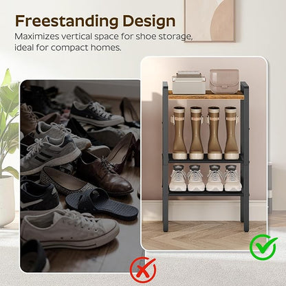 YATINEY 4-Tier Narrow Shoe Rack, Tall Shoe Rack for 4-8 Pairs, Slim Shoe Storage Organizer with Wooden Top, Space Saving, Metal Frame, for Entryway, Rustic Brown and Black SS64BR