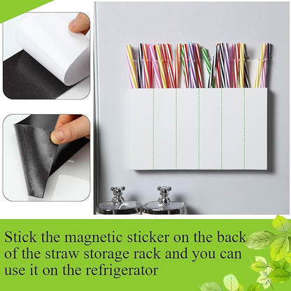 Honeydak Magnetic Acrylic Straw Holder for Cabinet Door with Adhesive Tapes and 5 Removable Partitions, Reusable Straw Organizer Storage Space-saving for Cabinet Door Fridge Kitchen(White,9.8 Inch)