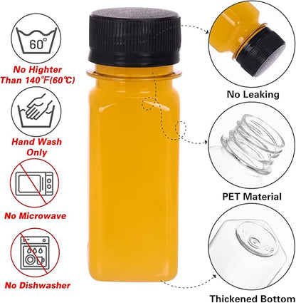 Moretoes 6pcs 2oz Plastic Shots Bottles with Caps, Plastic Juice Bottles with Lids, Clear Reusable Water Bottles, Ginger Shots, Leak Proof, Disposable Beverage Containers for Juicing, Smoothie, Milk
