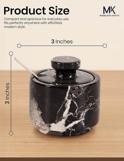 MARBLOUS KRAFTS Marble Salt Cellar with Lid and Spoon 3" Inch Black Zebra Flaky Salt Box for Gift, Modern Small Set of 2 Sugar Kitchen Countertop Storage, Coffee Container, Spice Jars, Candy Jar
