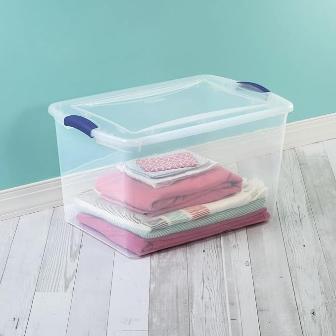 66-Quart Large Storage Bin - Clear Plastic Container with Blue Latch Lid, Airtight & Stackable Design for Garage, Basement or Pantry Organization, Heavy Duty BPA-Free (6 pack)