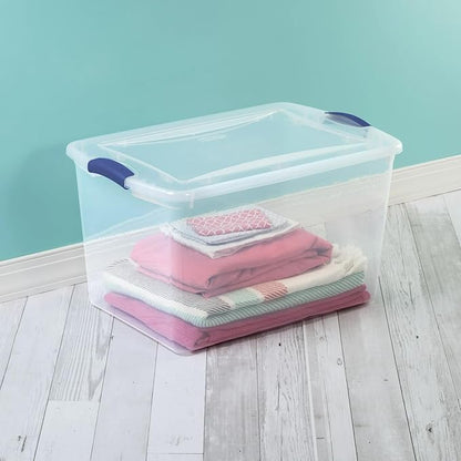 66-Quart Large Storage Bin - Clear Plastic Container with Blue Latch Lid, Airtight & Stackable Design for Garage, Basement or Pantry Organization, Heavy Duty BPA-Free (6 pack)