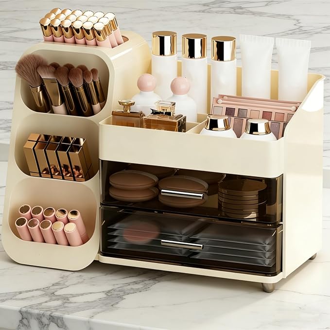 Covzoe Large Makeup Organizer with Brush Holder, Spacious Cosmetics Display Case with Drawers for Vanity, Skin Care Storage Solution for Lipstick Beauty Essential Bathroom Countertop